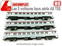 Trois voitures voyageurs inox série A8 TEE miniature par Lima au HO H0