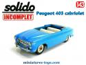 Le cabriolet Peugeot 403 bleu par Solido en miniature au 1/43e incomplet